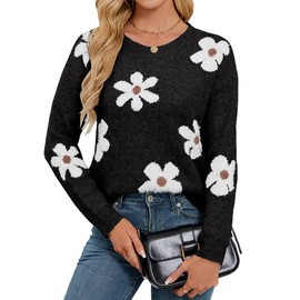 Libsorge Womens Oversized Cute Flower Sweaters for Women Fall Winter Spring 2025 Trendy Outfits Ladies Dressy Casual Cozy Soft Fuzzy Knit Crew Neck Long Sleeve Pullover Sweater Top Black M