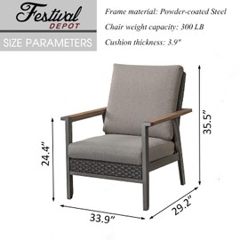 Festival Depot Patio Dining Chair in Metal Frame Rattan Wicker Armchair with Cushions All Weather Outdoor Furniture for Backyard Garden, Dark Grey