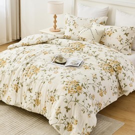 PlushVibes Yellow Floral King Comforter - 100% Organic Cotton Soft Elegant Cute Girls Women 3-Piece King Size Comforter, Lightweight 400TC Spring Summer Printed Flower Bedding Set with 2 Pillow Shams