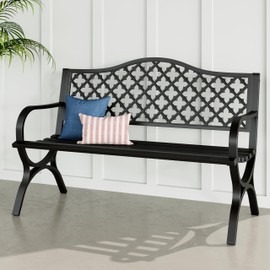 MFSTUDIO 50" Lucky Clover Outdoor Bench, Black Cast Iron Back with Waterproof E-Coating, Durable Patio Garden Bench Park Chair, Black