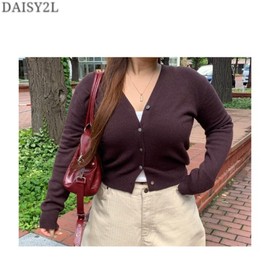DAISY2L Basic V-Neck Semi-Crop Cardigan, Color#$%Size:Brown-Free