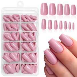 LuckForever 240pc Coffin Press on Nails Medium Fake Nails Pink Glue on Nails Short Ballerina Coffin Nails Press ons Acrylic Nails False Nails Full Cover Artificial Fingernails with Adhesive Tabs