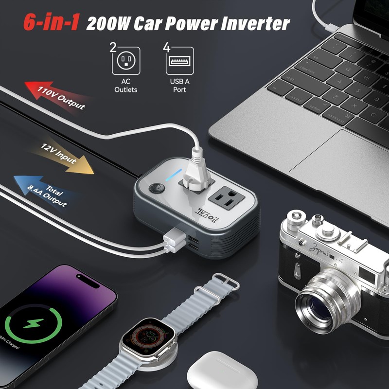 200W Car Power Inverter, FOVAL 12V DC to 110V AC