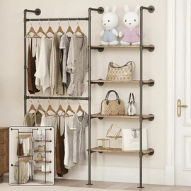 DABILONGC Industrial Pipe Clothing Rack, Heavy Duty Adjustable Garment Hanger with Shelves, 2 Installation Methods Closet Storage System for Wardrobe Organization (Black, 80" H x 55" W)