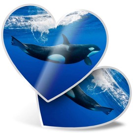 2 x Heart Stickers 7.5 cm - Orca Killer Whale Underwater Fun Decals for Laptops,Tablets,Luggage,Scrap Booking,Fridges, #2006