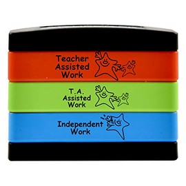 SuperStickers Multi Message 3-in-1 Stamp Stack for Teachers: Teacher Assisted Work/TA Assisted Work/Independent Work in Green, red and Blue Ink.