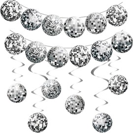 Sdhgerh 24 Stück Discokugel Deko 12 Disco Kugel Hängende Spiralen und 12 Girlande Banner Discokugeln Silber Disco Luftschlangen Party Deko für 70er 80er 90er Jahre Thema Partydeko Geburtstagsdeko