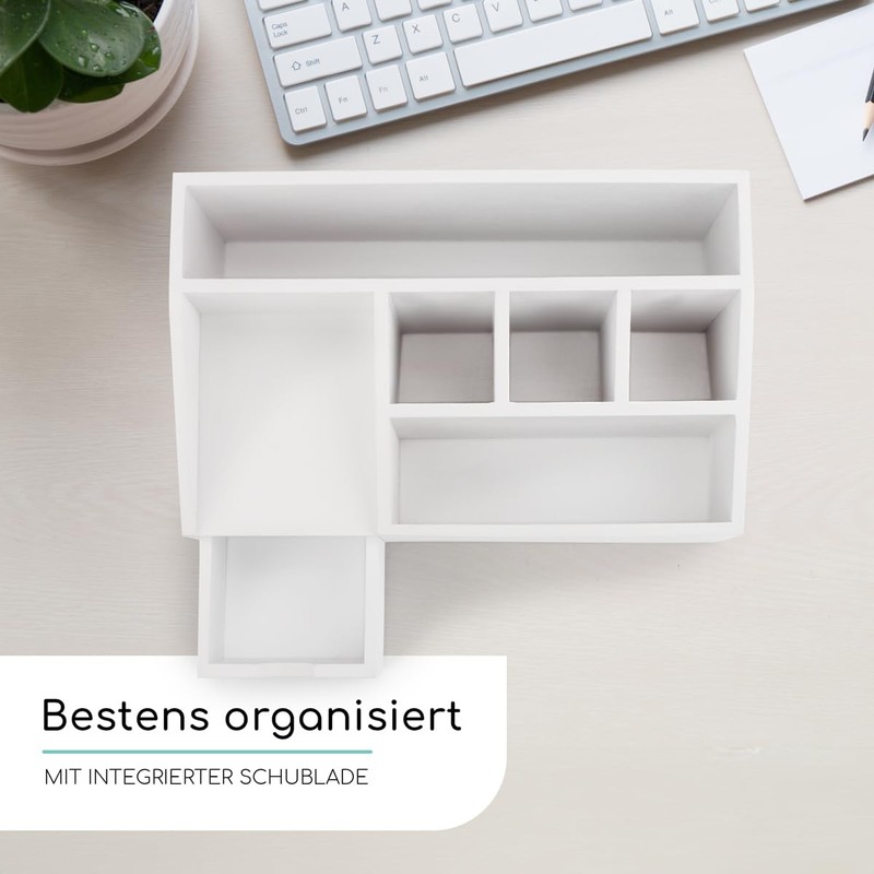 smartday Wooden Desk Organiser White with Drawer - Pen Box,