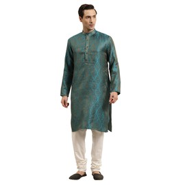 Sojanya (Since 1958, Jacquard Silk Kurta para hombre, Azul verde azulado y dorado., Large