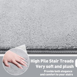 PURE ERA Carpet Stair Treads Ultra Plush 9.5" X 30"Soft Bullnose Indoor Stair Protectors Pet-Friendly Non-Slip Skid Resistant Tape Free Washable Reusable(14 Pieces,Gray)