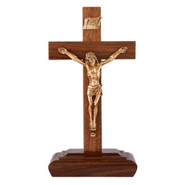 Wooden Walnut Finish Standing Catholic Crucifix Cross with Gold Toned Jesus Christ, 6 Inch