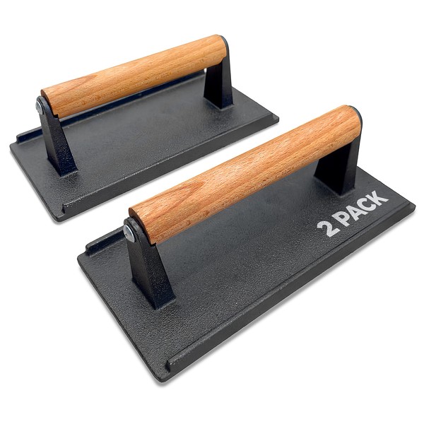 Cast Iron Grill Press (Set of 2) - 8 x 4 Inch, 2.6 lb Griddle Press with Cool-Touch Wood Handle - Pre-seasoned Meat Press for Steak, Burgers, Sandwiches, and Paninis – Non-Stick Bacon Press