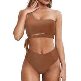 MOOSLOVER Women One Shoulder High Waisted Bikini Tie High Cut Two Piece Swimsuits(XL,Coffee)
