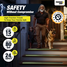 THUNDER GRIP Grip Tape for Stairs 24" x 4" - 15-Pack Outdoor Stair Treads Non-Slip Weather Resistant - Anti Slip Tape for Exterior Wooden Steps - Glow in The Dark Waterproof 80-Grit Adhesive Treads
