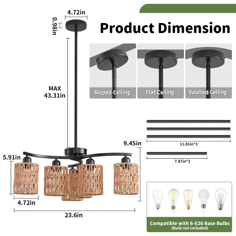 Povectolay Boho Hand Woven Chandelier, 6-Light Black Pendant Lights Kitchen