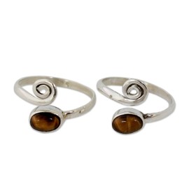 NOVICA Artisan Handmade Tigers Eye Toe Rings Sterling Silver from India Pair Brown Iced Coffee Modern Bohemian [0.4 in L x 0.2 in W x 0.1 in D] ' Insight' Pair