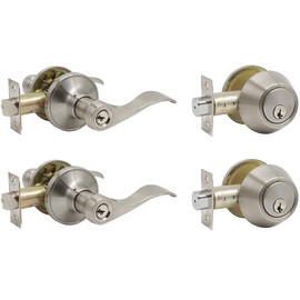 Brotima 2 Pack Keyed Entry Door Handle Set, Single Cylinder Deadbolt with Wave Style Lever Door Handle, Satin Nickel Wave Style Heavy Duty Door Lever Set for Bedroom,Exterior Doors