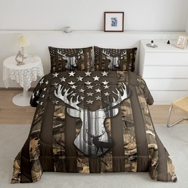 Camo American Flag Full Size Comforter Sets for Kids,Deer Antlers Brown Camouflage Bedding Flags for Room Teens,Wild Animal Hunting Farm Branches Leaves Stars Stripes USA Flag Down Comforter