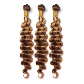 Tuheerst Human Hair Bundles, Brazilian Hair Bundles, Deep Wave, 3 Bundles, Natural Brown Real Hair Wefts, Human Hair, Brazilian P427 Blonde, No Smell for Woman, 28, 28, 28 Inches