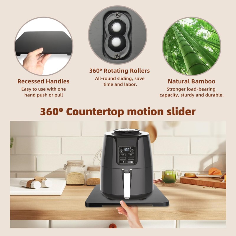 360° Rolling Tray Bamboo Appliance Slider for Kitchen Appliances, Coffee