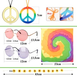 BETESSIN BETESSIN Hippie Kostüm Set 6 Stück Hippie Kostüm Accessoires Vintage inkl. 2 x Hippie Brillen, 2 x Peace Ketten, 1 x Sonnenblumen Haarband und 1 x Hippie Stirnband für 60er 70er Jahre Outfit Damen