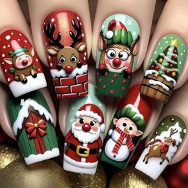 Christmas Press on Nails Long Coffin Fake Nails Santa Claus False Nails with Cute Elk Designs Snowman Glue on Nails Christmas Green Red Stick on Nails Acrylic Nails Full Cover Glossy Artificial Nails