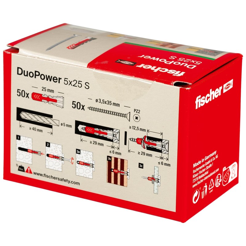 fischer DuoPower 5 x 25 S, Universal Dowels with Safety