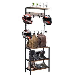 DOLEMODUO Motorcycle Helmet Holder, Floor Mounted Stand Helmet Holder with 4 Helmet Rack, 4 Glove Chips and 4 Hooks, Rustic Motorcycle Helmet Rack for Motorcycle