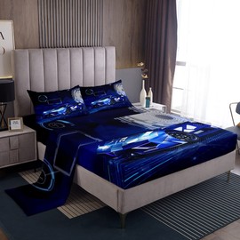 Race Car Sheet Set Toddler Full,Blue Racing Car Bed Sheets for Teens Youth,Fashion Sports Car Bedding Set Home Room Decor,Novelty Extreme Sports Fitted Sheet + Top Sheet + 2 Pillowcases Soft