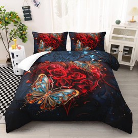 Ntlfup Red Rose Comforter Set Queen Size, 3D Rose and Butterfly Pattern Bedding Set for Girls Women Couple Lover, 1 Quilt and 2 Pillowcases