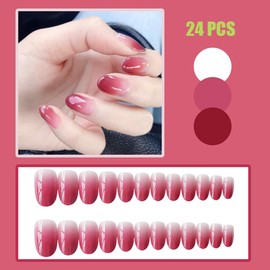 Pink Press on Nails Short Length Light Pink Gradient Fake Nails Round Shape Glossy False Nails Full Cover Solid Color Acrylic Nails Stick on Nails for Women DIY Manicure Decoration 24 Pcs