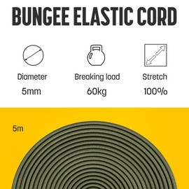 Kamu Synber Bungee Cord 5mm x 5m Elastic Shock Cord Bungee Rope for Tarpaulin, Kayak, Tie Down, Camping | Army Green