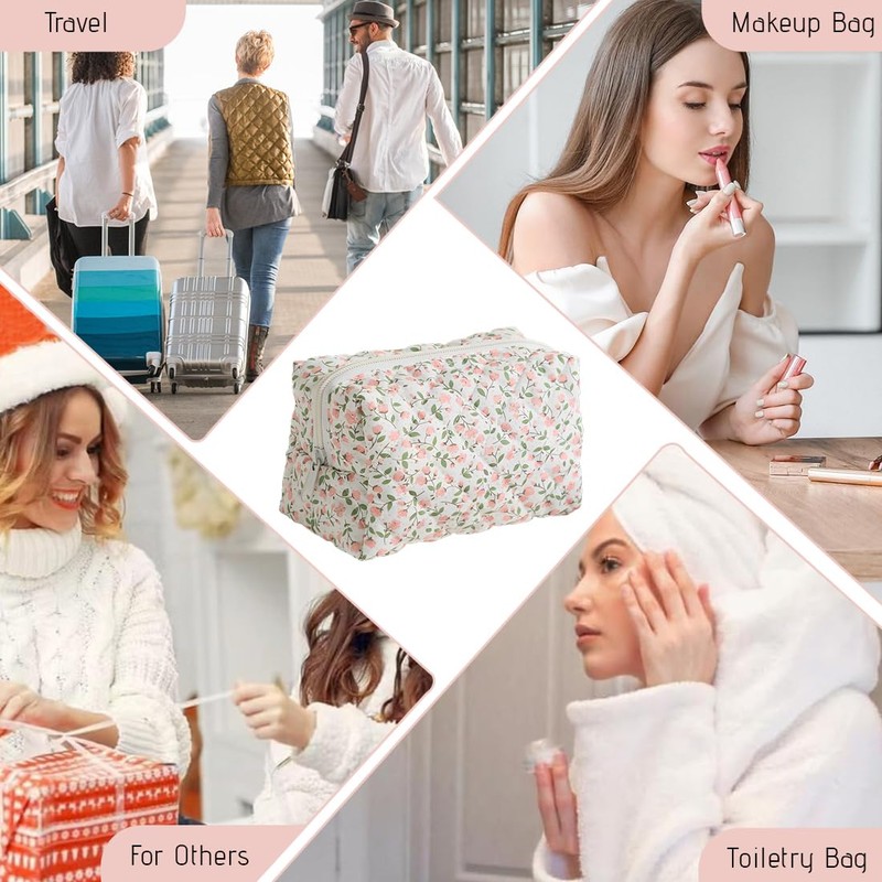 ZEPIQOR Floral Quilted Large Capacity Soft Cotton Cosmetic Bag for