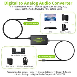 LiNKFOR DA Wandler 192kHz DAC Konverter Digital-zu-Analog Audio Wandler, Optischer Toslink zu 3,5mm Audio Adapter Mit 1M Optischem Kabel für HDTV, Spielkonsolen und Kopfhörer