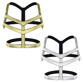 Mens Harness Belt Body Chest Elastic Halter Nylon Shoulder Strap Club Wear Costume, 2pcs Black Gold + Silver, One Size