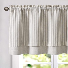 TOPICK Striped Short Kitchen Curtain Light Filtering Valance for Kitchen Windows Living Room 18 Inch Double Farmhouse Pinstripe Valance Overlay Valance Rod Pocket 1 Panel Taupe Grey on Beige