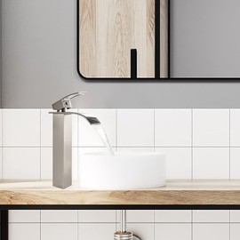 VOTON Vessel Sink Faucet Brushed Nickel Modern Tall Waterfall Bathroom Sink Faucet with Pop-Up Drain Single Handle Bathroom Faucet 1 Hole Bowl Lavatory Vanity Faucet, Rv Sink Camper Farmhouse Faucet