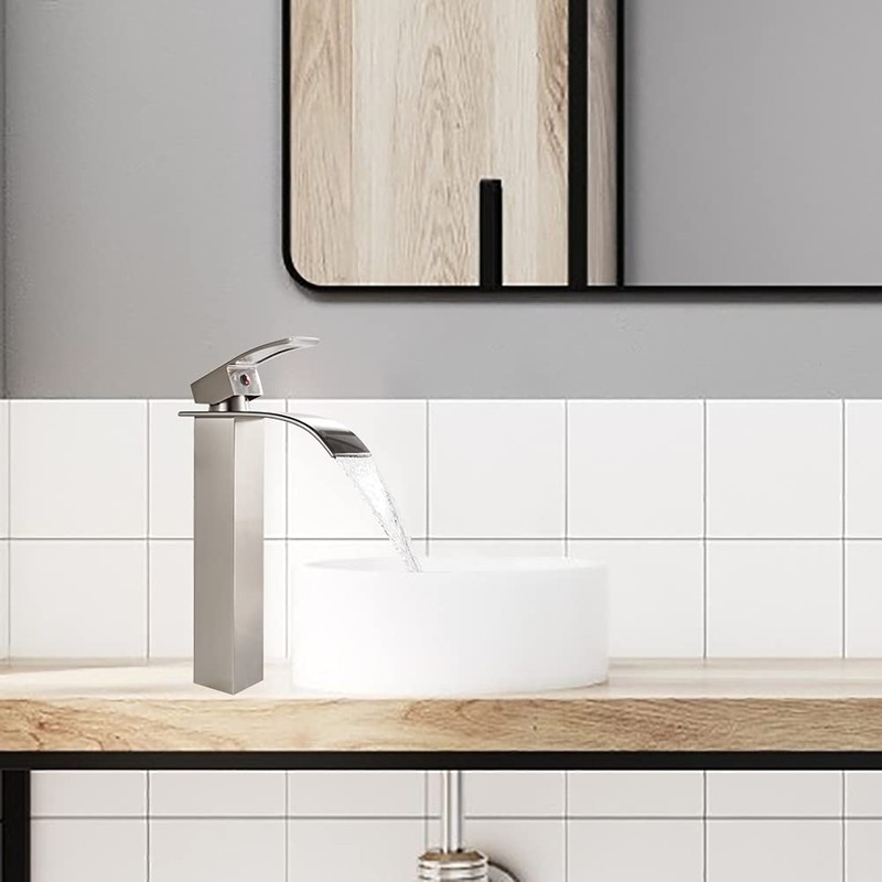 VOTON Vessel Sink Faucet Brushed Nickel Modern Tall Waterfall Bathroom