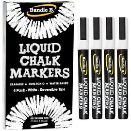 Bandle B. Chalk Markers - 4 White, Erasable, Non-Toxic, Water-Based, Reversible Tips, Crisp White For Kids and Grown-Ups for Glass and Chalkboard Markers for Businesses, Restaurants (6mm)