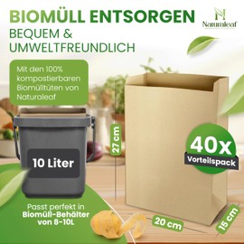 NATURALEAF® Premium Organic Rubbish Bags 10 L, Pack of 40, Organic Bin Liners with Optimal Strength and Durability, Compostable Organic Waste Bags, the Sustainable Disposal Solution for Catering and