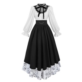 NSPSTT Victorian Dress for Women Renaissance Costume Medieval Outfit Blouse Skirt 2 pcs Set, Black, Size XXL