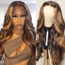 Hedy Ombre Highlight Lace Front Wigs Human Hair Body Wave Wigs for Black Women Pre Plucked with Baby Hair #4/27 Glueless 150% Density 4x4 Lace Closure Human Hair Wigs(22 Inch, #4/27 Highlight Wig)