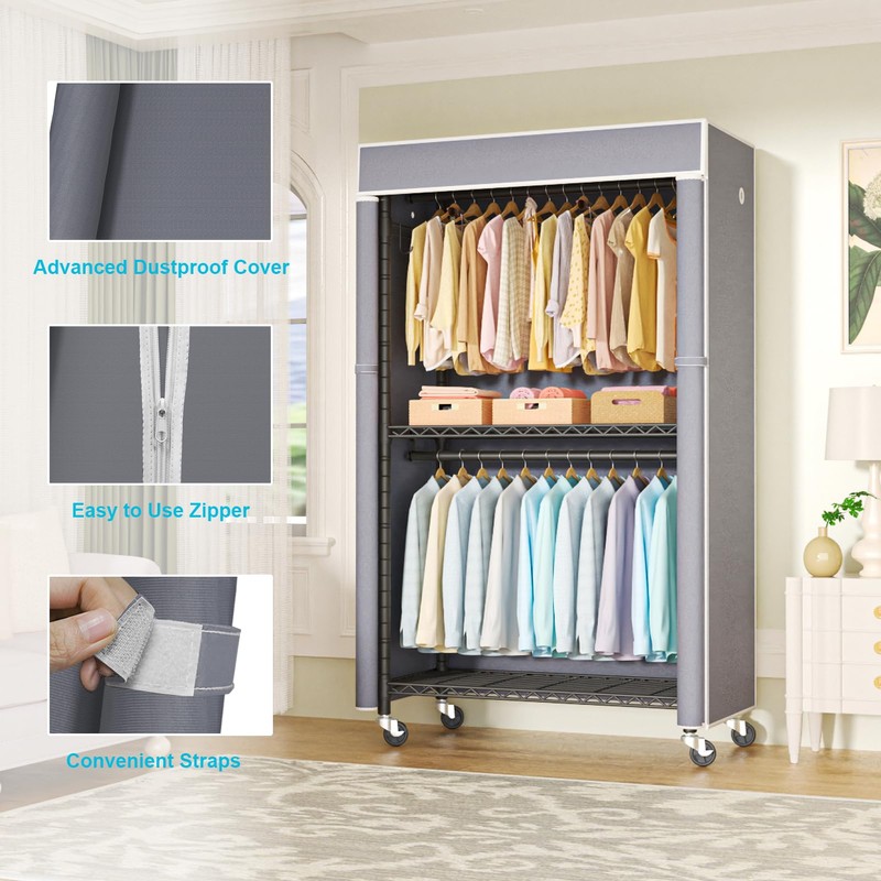 FUTASSI Black Clothing Rack with Grey Cover, P1C Rolling Closets