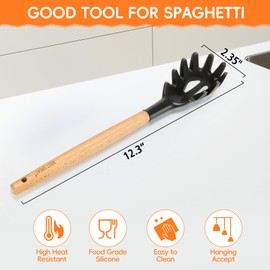 Premium Spaghetti Spoon Pasta Fork, Silicone Pasta Spoon with Teeth and Wood Handle, Non-Scratch Pasta Server for Spaghetti, Noodles, and All Pasta Types MEET GREAT