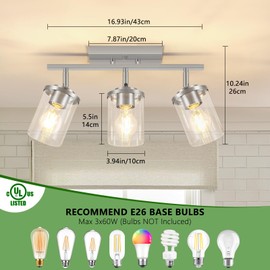 FadimiKoo 3-Lights Kitchen Light Fixtures Ceiling Mount, Brushed Nickel Adjustable Semi Flush Mount Ceiling Light with Clear Glass, Multi-Directional Track Spotlights for Kitchen Hallway Bathroom