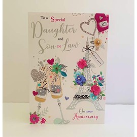 Jonny Javelin Special Daughter and Son in Law Anniversary Card - Champagne Flutes Eiffel Tower Flowers