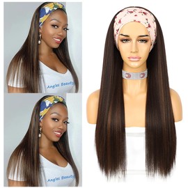 Sapphirewigs Yaki Straight Headband Wigs for Women Highlight Brown Synthetic Glueless Headband Wig Heat Resistant Wig 26inch