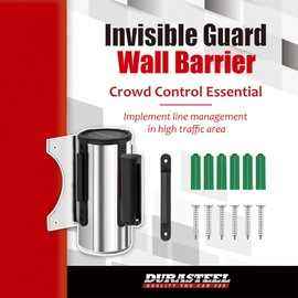 DuraSteel Wall Mount Retractable Belt Barrier - 9.2 Ft Red Belt in Sturdy Stainless Steel Case - Guardian 1.0 Indoor & Outdoor Do Not Cross Caution Tape for Crowd Control Queue Barrier, Line Divider