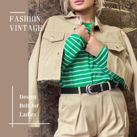 XZQTIVE Women's Leather Belt Ladies Western Belt Silver Gold Buckle Black Waist Belt for Jeans Pants Dresses, L, Black With Silver Buckle