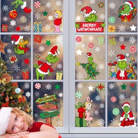 Aoiuenok Grinch Christmas Stickers, 9 Sheets Grinch Window Stickers, Grinch Window Decoration, Double-Sided Grinch Decoration, Christmas Stickers for Home, School, Party, Window Decoration